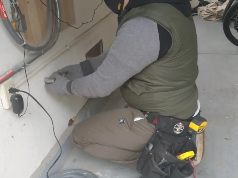 Electrician performing outlet wiring in a Greenwich garage